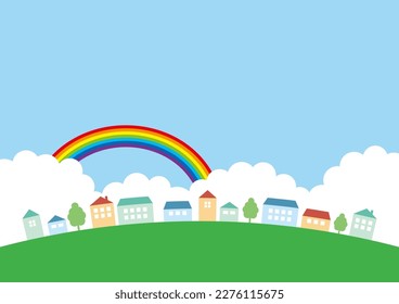 Casas coloridas y fondo de cielo y arco iris, ilustración vectorial