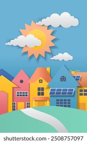 Colorful houses with solar panels bright sun clouds green hill paper cut style