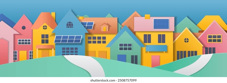 Colorful houses with solar panels paper cut style illustration. Vibrant neighborhood scene with various house designs solar panels green hills blue sky