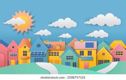 Casas coloridas com painéis solares dia ensolarado papel corte ilustração estilo. Cena vibrante do bairro com casas brilhantes painéis solares nuvens de sol céu azul colinas verdes. Modelo de design de site corte de papel