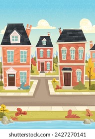Colorful houses in suburb neighborhood. Green park landscape with grass, trees, flowers and clouds.