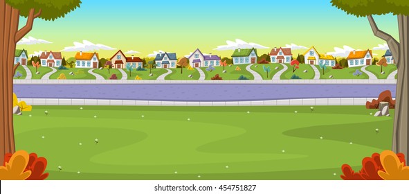 Colorful houses in suburb neighborhood. Green park landscape with grass, trees, flowers and clouds.
