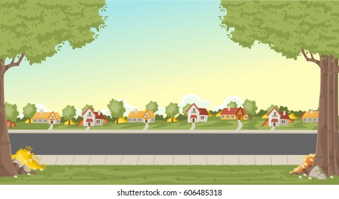 Colorful houses in suburb neighborhood. Green park landscape with grass, trees, flowers and clouds.