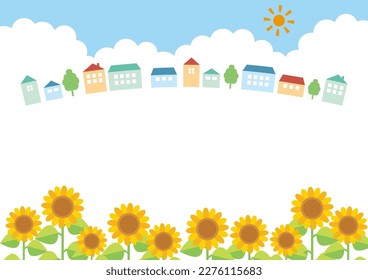 Colorful houses with sunflowers  background, vector illustration