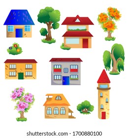 colorful houses and trees, SET