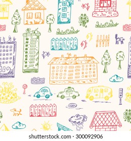 Colorful houses. Vector Seamless pattern of doodle Cartoon houses