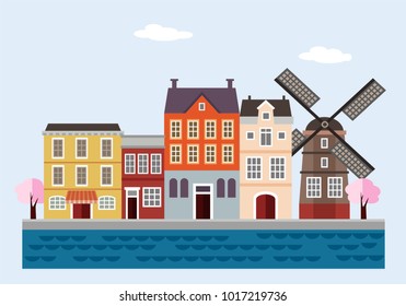 Colorful houses with windmill, blossoming trees and sea. Netherlands, Dutch  town. Flat design, vector illustration, web banner. Travel concept.