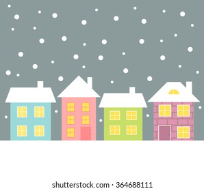 Colorful houses in winter landscape. Vector illustration