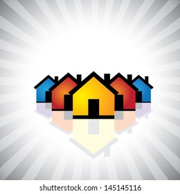 colorful houses(homes) or real estate icon(symbol)- vector graphic. This illustration can also represent construction industry, realty business of buying & selling property, etc