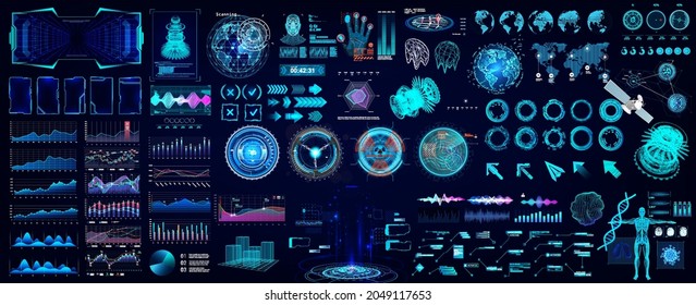 Colorful HUD elements set for UI, UX, GUI projects. Hi-tech digital elements for Scifi and HUD design - Circle gadgets, frames, callouts titles, charts, audio graphics, circle Sci-fi elements. Vector