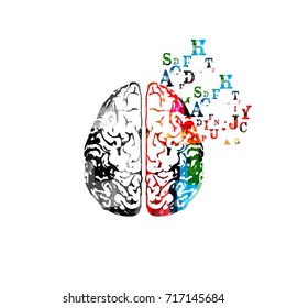 Colorful human brain with alphabet letters isolated vector illustration