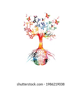 Colorful human brain with growing tree vector illustration background. Creative thinking, ideas and brainstorming, education and learning
