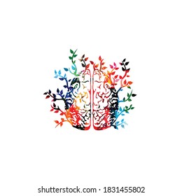 Colorful human brain with leaves vector illustration background. Creative thinking, brainstorming and smart ideas, innovative solutions, education and learning. Mental health concept	
