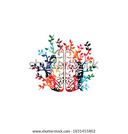 Colorful human brain with leaves vector illustration background. Creative thinking, brainstorming and smart ideas, innovative solutions, education and learning. Mental health concept	
