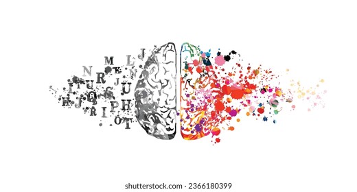 Colorful human brain with letter symbols vector background. Creative thinking, brainstorming, ideas, communication, education and learning. Mental health concept and psychotherapy