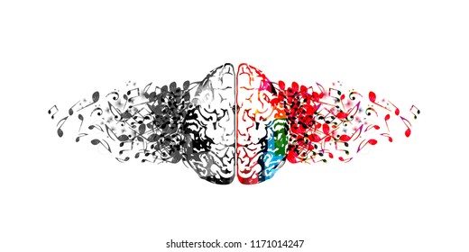 Colorful Human Brain With Music Notes Isolated Vector Illustration Design. Artistic Music Festival Poster, Live Concert, Creative Music Notes Design