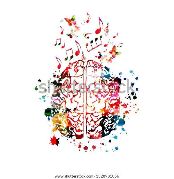 Colorful human brain with music notes isolated\
vector illustration\
design