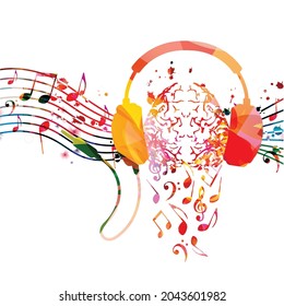 Cerebro humano colorido con notas musicales y audífonos. Afiche musical para el bienestar mental, música de escucha, relajación, diversión diseño de ilustración vectorial