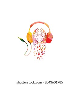 Colorful human brain with musical notes and headphones. Musical poster for mental wellbeing, listening music, relaxing, having fun vector illustration design