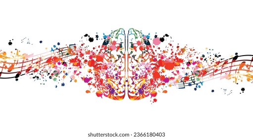 Cerebro humano colorido con notas musicales de fondo vectorial. Música y terapia, concepto de salud mental, psicoterapia. Investigación cerebral