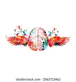 Colorful human brain with wings vector illustration background. Creative thinking, brainstorming and smart ideas, innovative solutions, education and learning. Mental health concept 