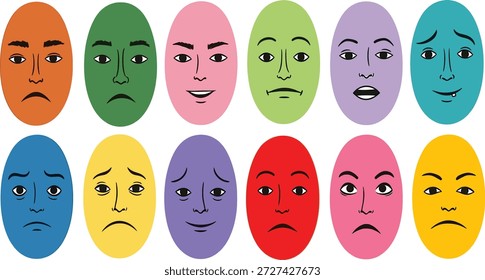 Conjunto de expresiones de cara humana colorida, Ilustración vectorial plana de emociones y sentimientos, caras ovaladas Abstractas que muestran diferentes Sentimientos, psicología, Educación, interfaz de usuario, Colección de diseño de personajes