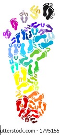 Colorful human foot which is made up of multicolored small feets. Vector art image in many rainbow colors, blue, green, red, orange, pink, purple, gray, yellow isolated on white background eps10