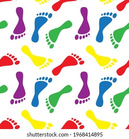 Colorful human footprints silhouette paths on white background. Clip-art vector illustration. Seamless pattern.