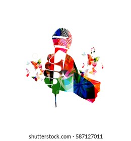 Colorful human hand with microphone. Microphone with music notes background vector illustration. Design for poster, brochure, invitation, banner, flyer, concert, singing, karaoke and music festival 