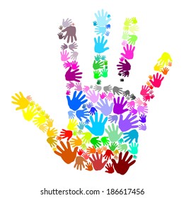 Colorful human handprint which is made up of multicolored small handprints. Vector art image in many rainbow colors, blue, green, red, orange, pink, purple, gray, yellow isolated on white background