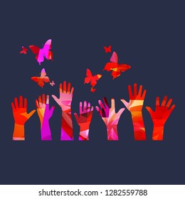 Colorful human hands with butterflies vector illustration design