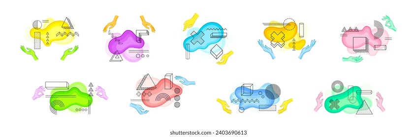 Colorful Human Hands with Different Abstract Geometric Shape and Figure Vector Set
