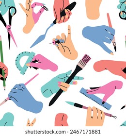 Colorful human hands hold stationery seamless pattern. Repeated body parts with brushes, scissors and paper clips. Wrapping paper, wallpaper design. Print for fabric tidy vector background