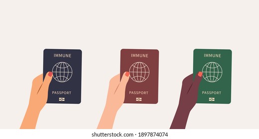 Colorful human hands holding Covid-19 various colored immune passport collection , vaccinated, coronavirus negative result, vaccination certificate. Modern vector illustration flat style. New reality.