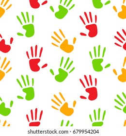 Colorful human hands imprints on white seamless pattern, vector