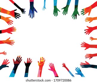 Colorful Human Hands Raised Isolated Vector Illustration. Charity And Help, Volunteerism, Community Support And Social Care Concepts