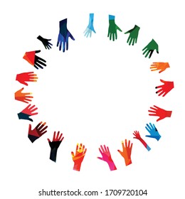 Colorful human hands raised isolated vector illustration. Charity and help, volunteerism, community support and social care concepts