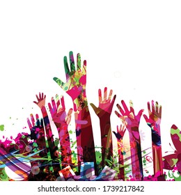 Colorful human hands raised isolated vector illustration. Charity and help, volunteerism, community support and social care concepts	
