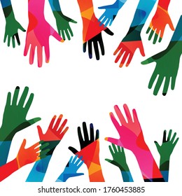 Colorful Human Hands Raised Isolated Vector Illustration. Charity And Help, Volunteerism, Social Care And  Community Support Concepts 