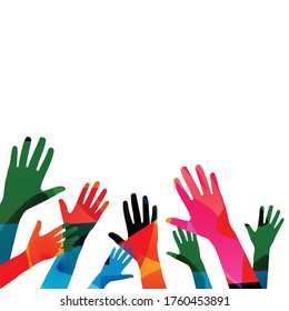 Colorful Human Hands Raised Isolated Vector Illustration. Charity And Help, Volunteerism, Social Care And  Community Support Concepts 