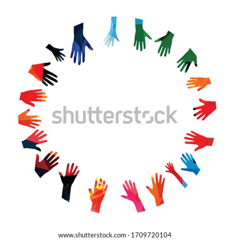 Colorful human hands raised isolated vector illustration. Charity and help, volunteerism, community support and social care concepts