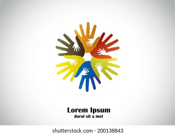 colorful human hands support young children hands abstract art. four colored hands supporting small young kids hands for supportive cause - community development concept 