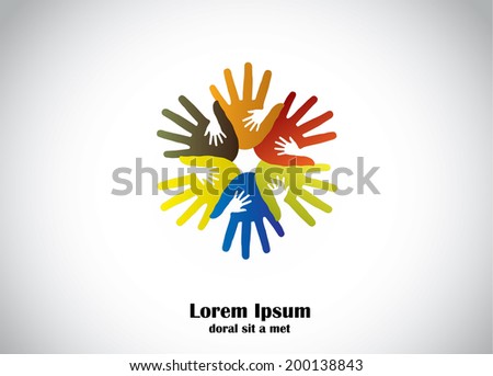 colorful human hands support young children hands abstract art. four colored hands supporting small young kids hands for supportive cause - community development concept 