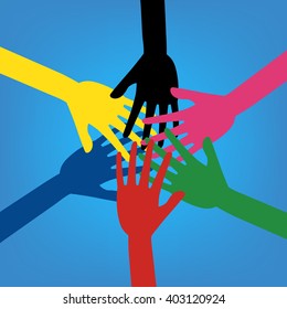 Colorful human hands touching together on blue background. Vector illustration business teamwork concept design.