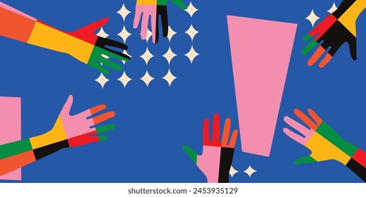  Colorful human hands vector illustration. Charity and help, volunteerism, social care and community support concepts.