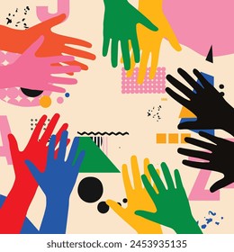 Colorful human hands vector illustration. Charity and help, volunteerism, social care and community support concepts.