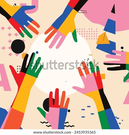 Colorful human hands vector illustration. Charity and help, volunteerism, social care and community support concepts.