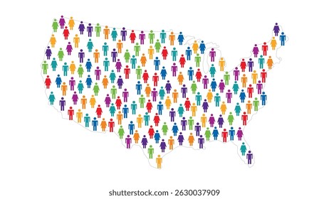 Ícones humanos coloridos formam a forma de mapa dos Estados Unidos, representando a população, a demografia e a sociedade. Ilustração útil do vetor para o Dia da Eleição.