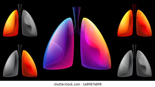 Colorful human lungs isolated on black background. Medical or science concept. Neon mash digital vector illustration. Part of Human Organic. Lung disease, pneumonia, lungs cancer and healthy lungs.