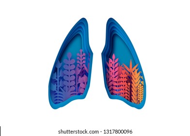 Colorful Human Lungs. World health day. Medicine idea with paper cut flowers and leaves. Lungs shape with origami floral bouquet. Layered silhouette.